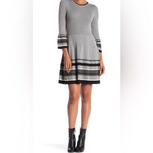 NWT Eliza J Gray Long Sleeve Sweater Dress Black White Silver Stripes XL Fall